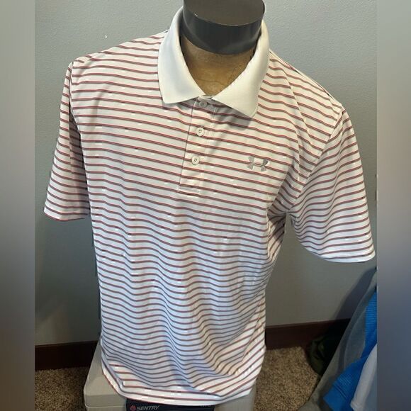 Under Armour Mens Large Red/White Striped Short Sleeve Polo - Picture 1 of 7